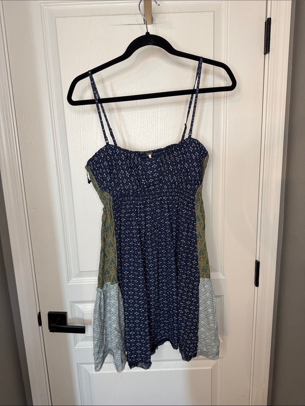 Free People Navy & Olive Multi-Panel Spaghetti Strap Mini Dress